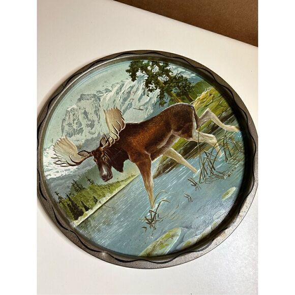 James L Artig “Moose” Aluminum Tin Tray Vintage 1960s Lithograph 11” Diameter - Picture 5 of 7